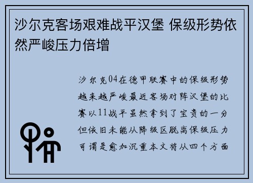 沙尔克客场艰难战平汉堡 保级形势依然严峻压力倍增