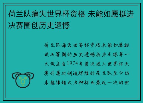 荷兰队痛失世界杯资格 未能如愿挺进决赛圈创历史遗憾